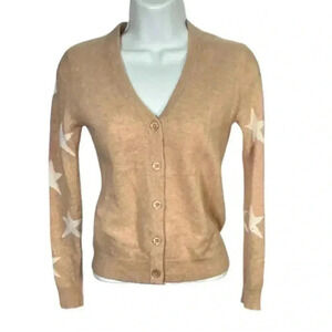 Magaschoni Cashmere Nougat & Frost White Stars V-Neck Botton Front SZ XS